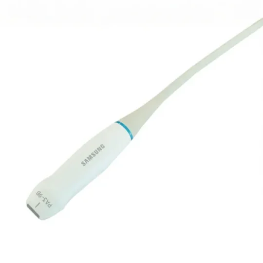 Weiße Phased Array Sonde PA3-9B für präzisen Ultraschall, schlankes Design mit Kabel und Herstellerkennzeichnung von Samsung im medizinischen Einsatz.