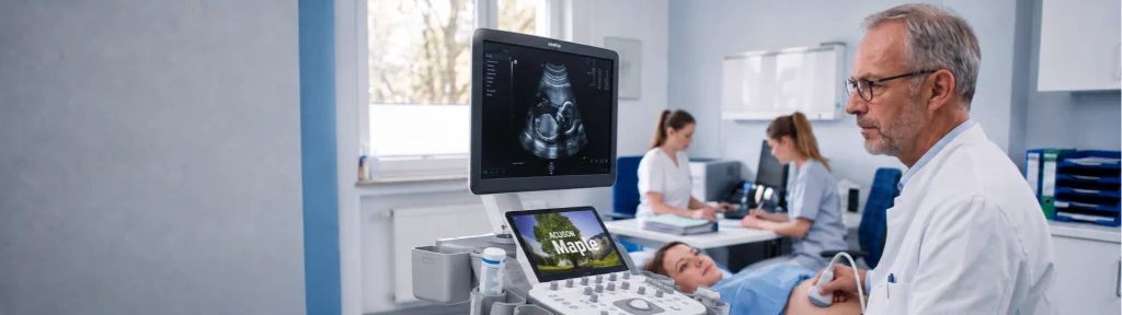 KI-generiert mit Artlist und bearbeitet mit ChatGPT durch KUNDENWACHSTUM.de - Ein Arzt führt eine Ultraschalluntersuchung bei einer Patientin durch, dargestellt im Fallbeispiel Allgemeinmediziner Markus Weber.