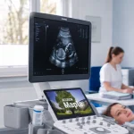 KI-generiert mit Artlist und bearbeitet mit ChatGPT durch KUNDENWACHSTUM.de - Ein Arzt führt eine Ultraschalluntersuchung bei einer Patientin durch, dargestellt im Fallbeispiel Allgemeinmediziner Markus Weber.